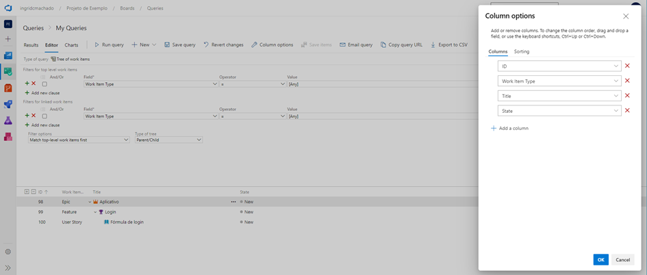 Tela para editar as colunas exibidas no resultado da query